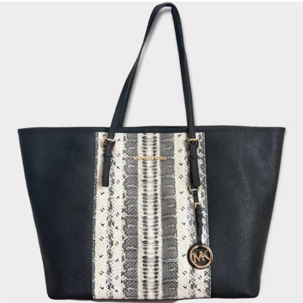Michael Kors Jet Set Center Stripe Python Print Black Tote